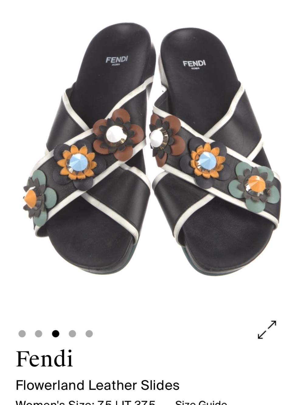 Fendi Black Leather Floral Appliqué Slides with White Trim